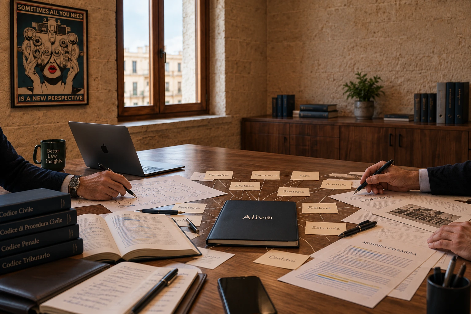Mani di professionisti lavorano su documenti, fonti e prospettive intorno a un fascicolo Aliv@
