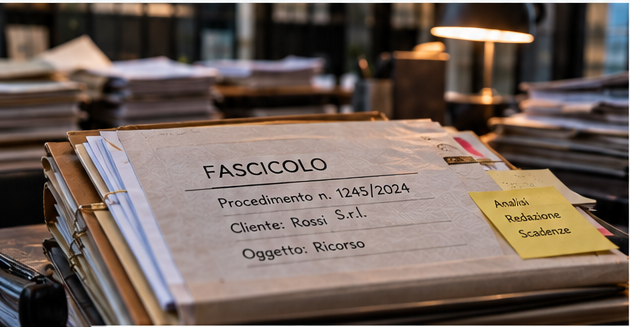 Fascicolo reale evidenziato tra documenti e materiali di lavoro