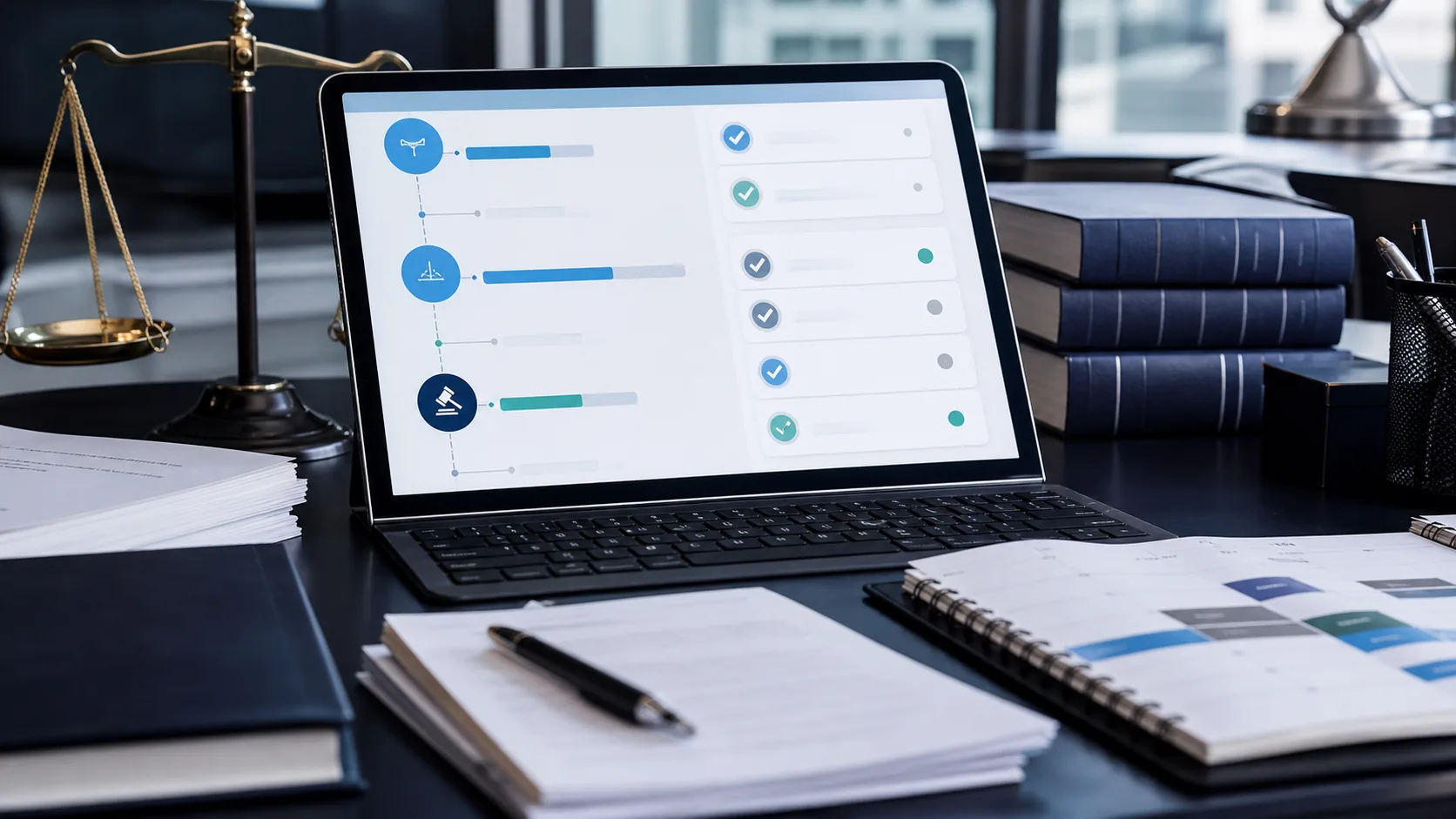 Professionisti al lavoro con fascicolo, documenti e strumenti digitali